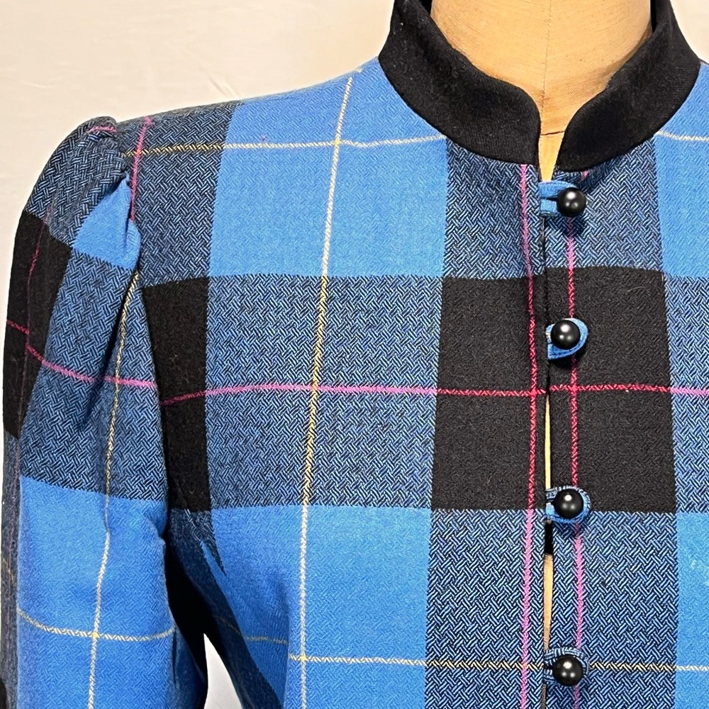 VINTAGE 80s wool tartan plaid blazer jacket button front collarless tailored 90s - Picture 4 of 12